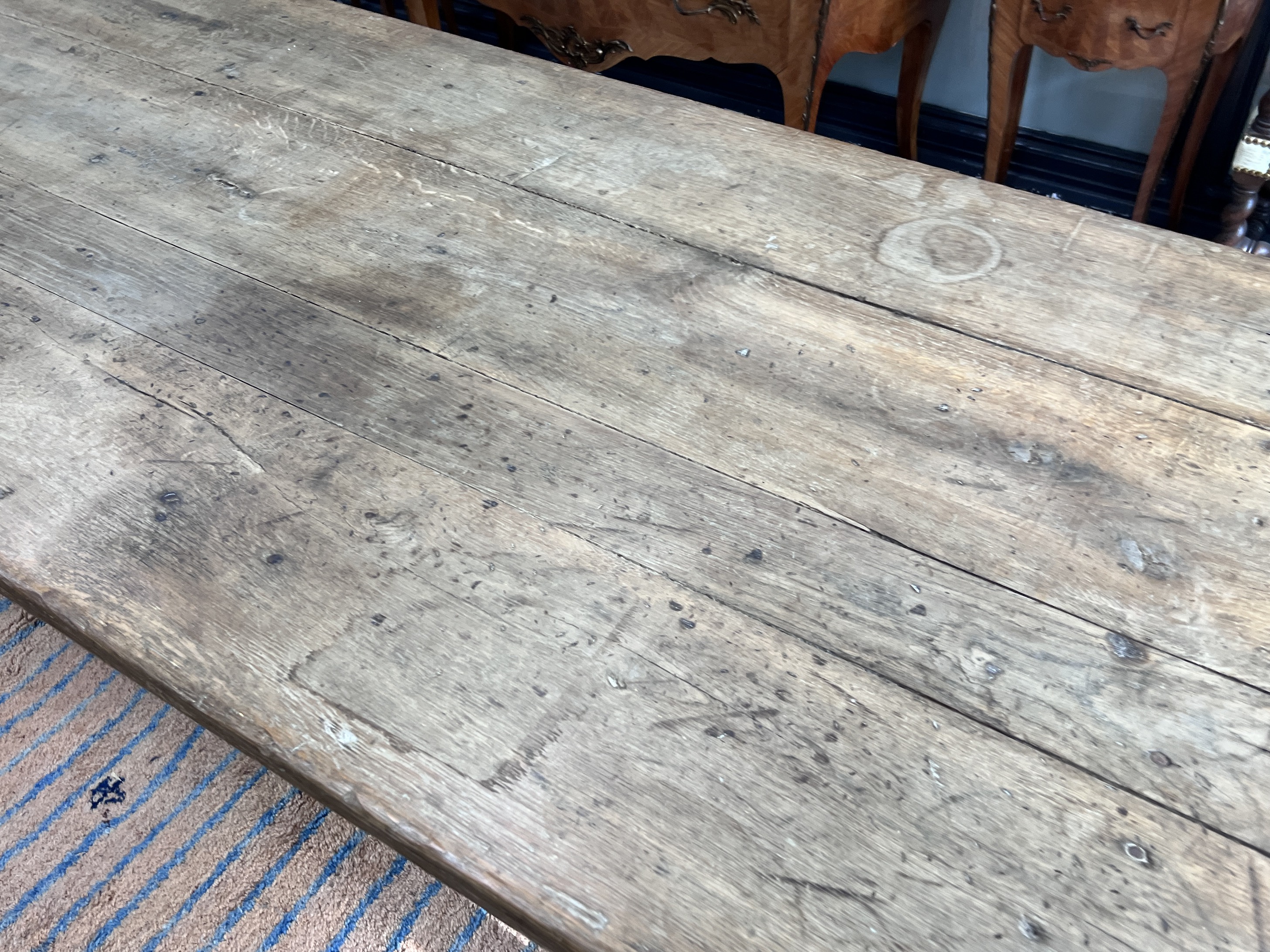 A 19th century French oak and fruitwood kitchen table with drawers each end, length 260cm, width 85cm, height 72cm